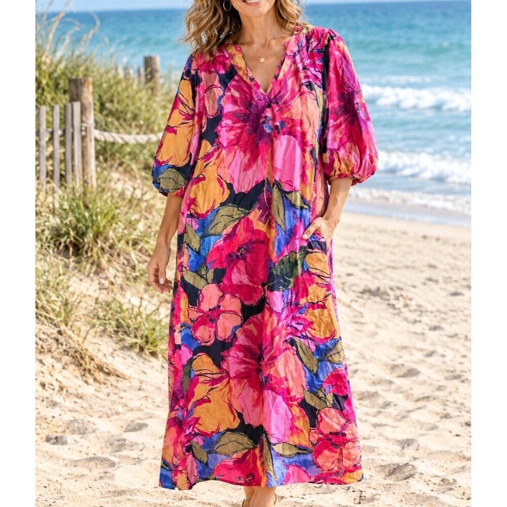 chicos dress Size 0 (US 4) Floral Maxi Puff Sleeve Vneck Cruise
